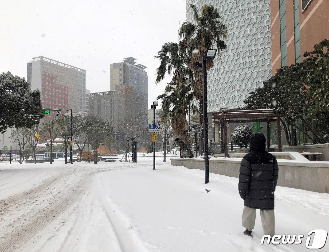 본문 이미지 - 제주도에 눈보라가 몰아친 지 이틀째인 8일 오후 제주시내 도로 곳곳에 눈이 쌓여 시민들이 불편을 겪고 있다.2021.1.8/뉴스1 ⓒ News1 홍수영 기자