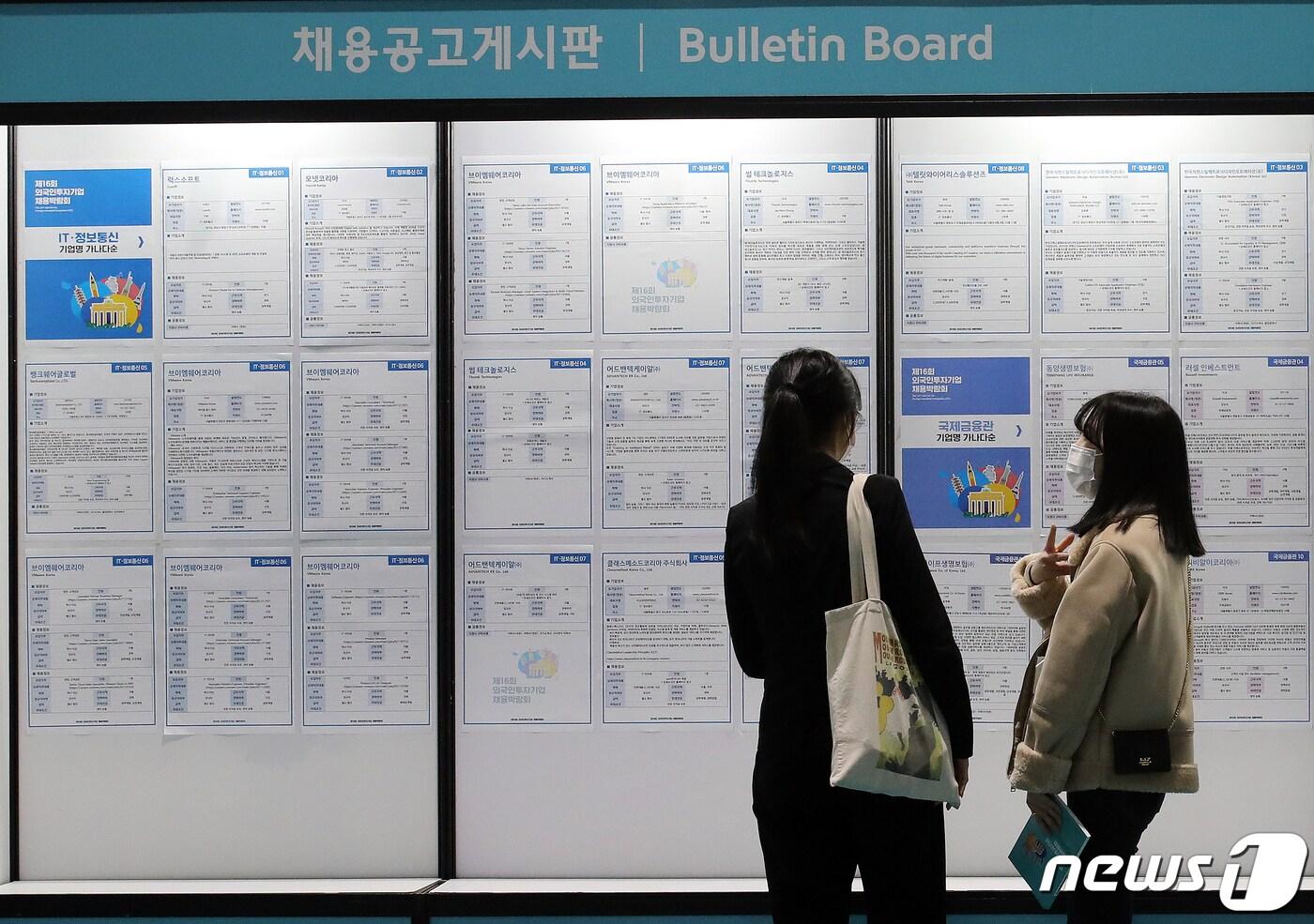 서울에서 열린 한 채용박람회에서 취업생들이 채용공고게시판을 보고 있는 모습.  2021.10.21/뉴스1DB