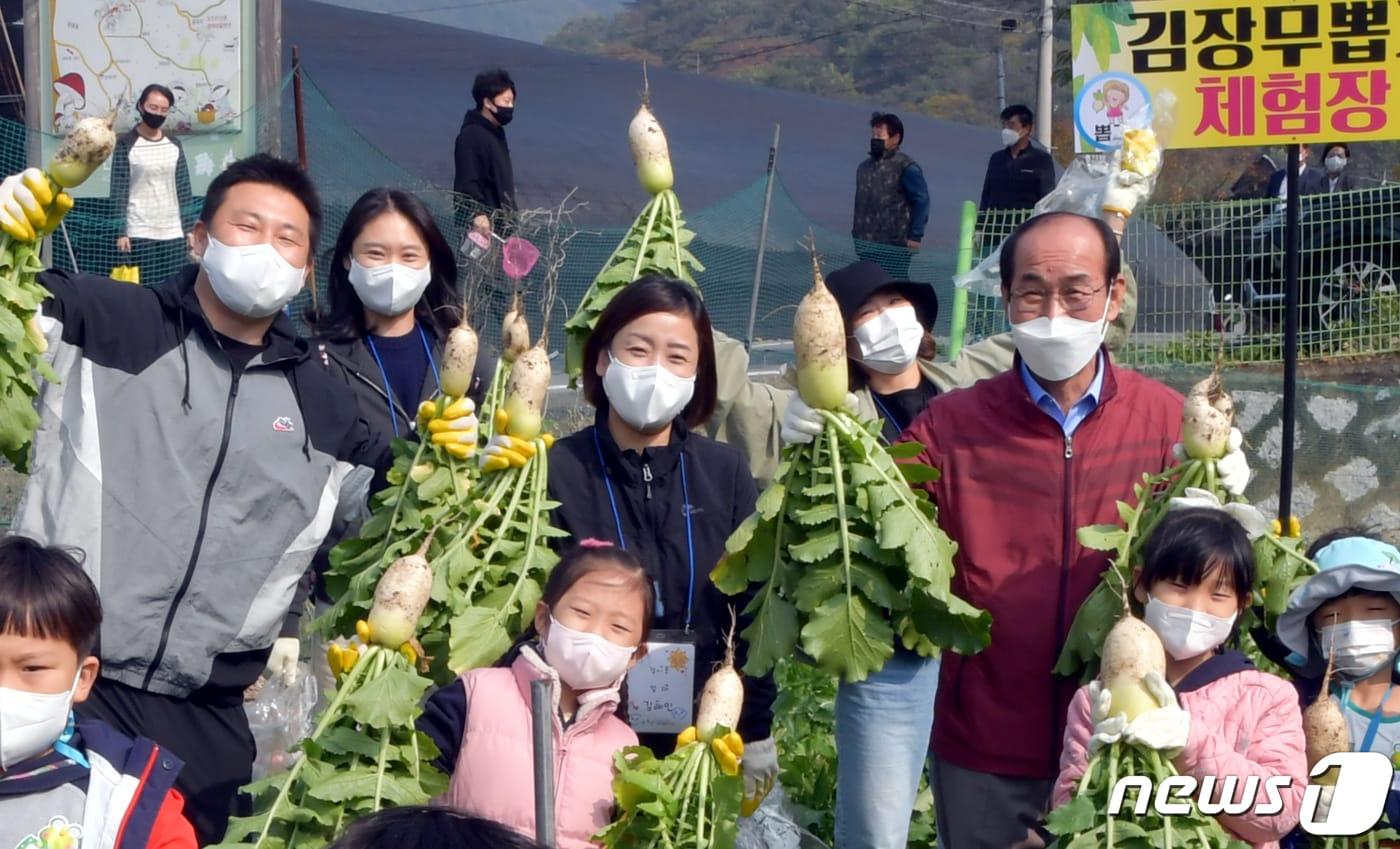 본문 이미지 - 27일 경북 청도군에서 진행된 친환경농업체험 행사에서 이승율 군수가 참가한 주부·어린이들과 김장무 뽑기 체험을 하고 있다. (청도군 제공) 2021.10.27/뉴스1 ⓒ News1 정우용 기자