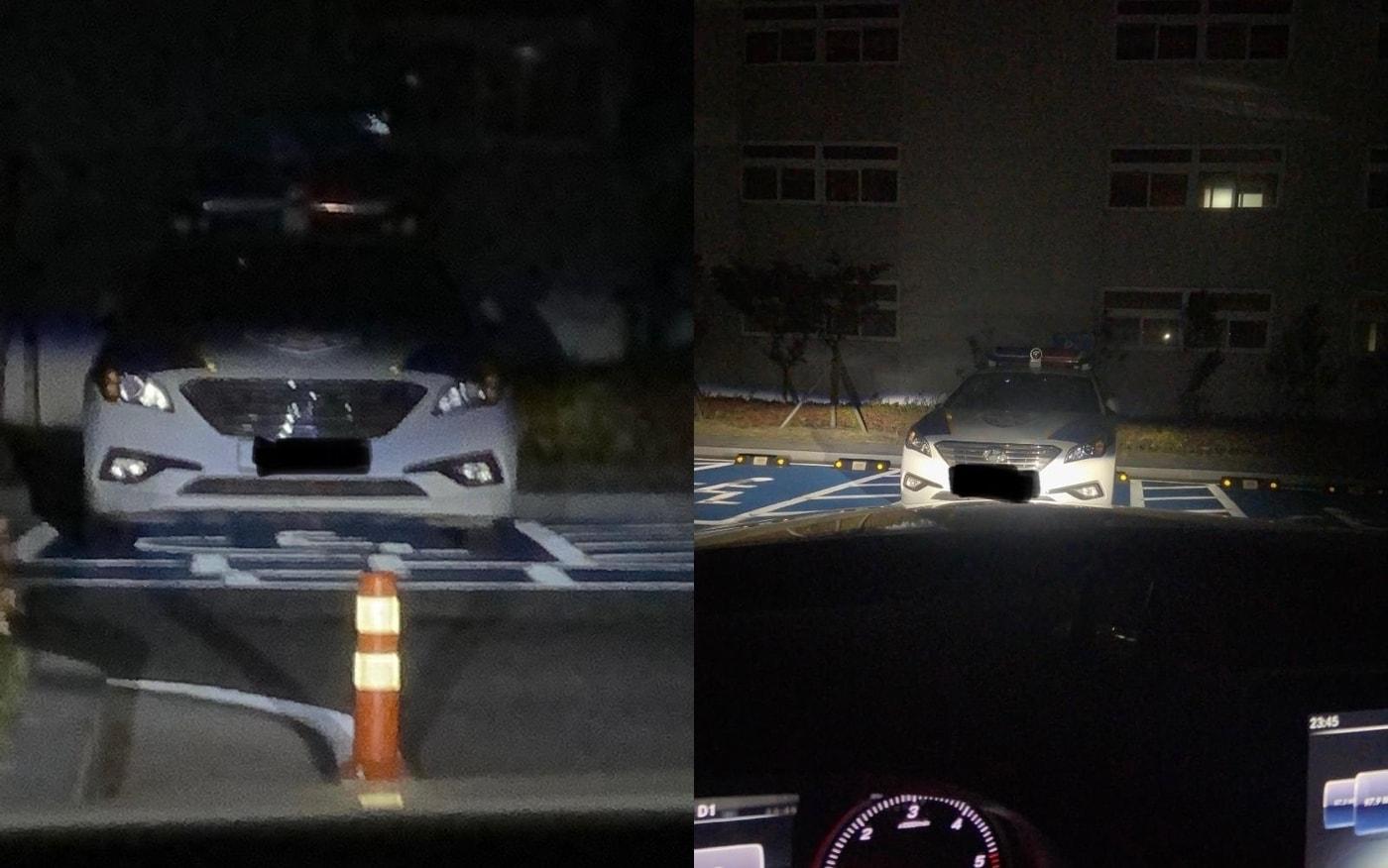 본문 이미지 - 경찰차가 한 아파트 지상 주차장 내 장애인전용주차구역에 주차돼있다. (온라인 커뮤니티 '보배드림' 갈무리) ⓒ 뉴스1