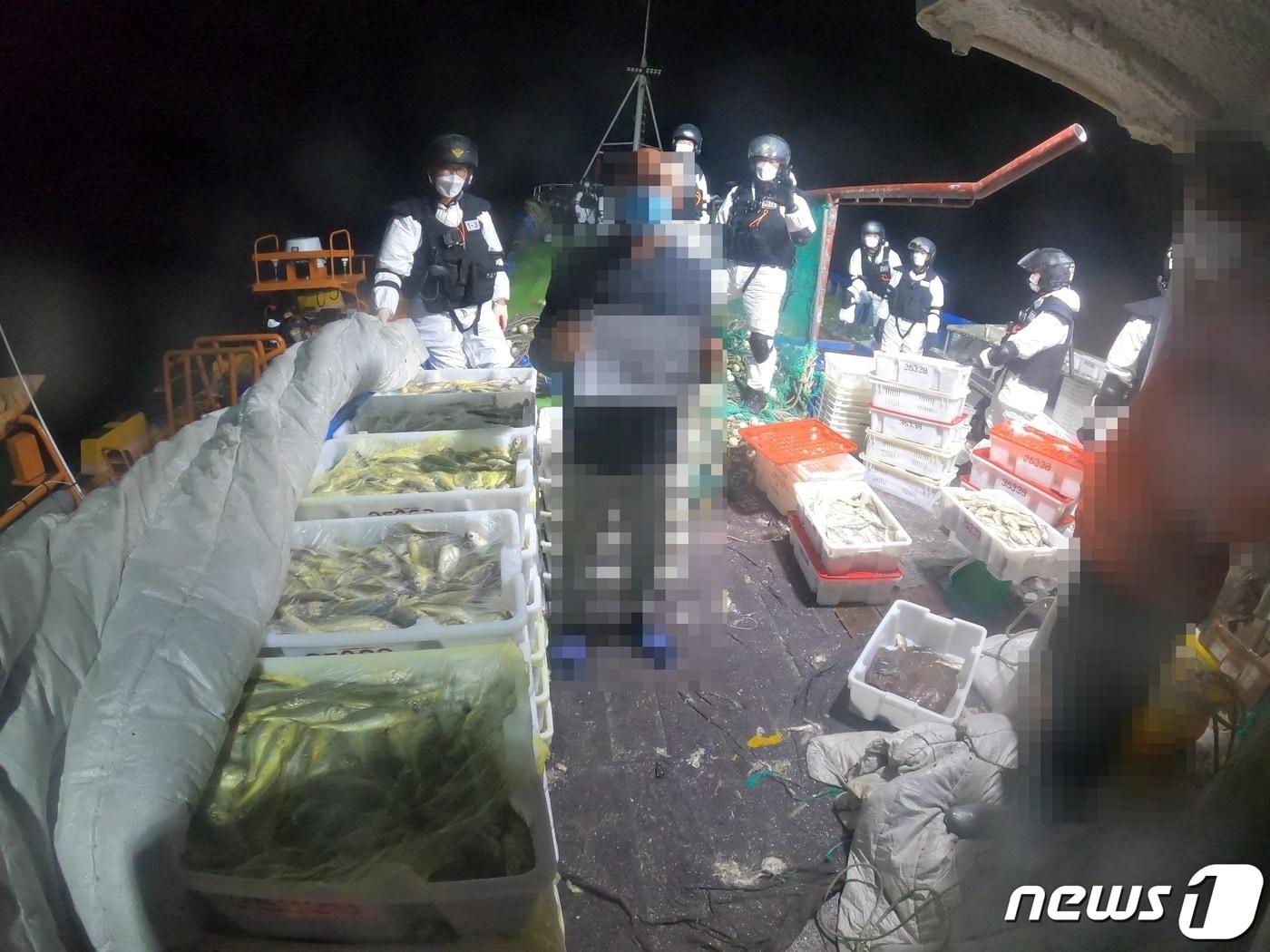 본문 이미지 - 군산해경이 나포한 중국어선의 불법 어획물을 확인하고 있다(자료사진).ⓒ 뉴스1