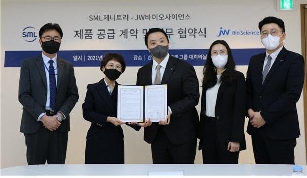 본문 이미지 - 신동운 JW바이오사이언스 개발마케팅실장, 함은경 JW바이오사이언스 대표, 안지훈 SML제니트리 대표, 황경아 SML 제니트리 연구소장, 이승목 SML 제니트리 경영기획팀장 (왼쪽부터) ⓒ 뉴스1