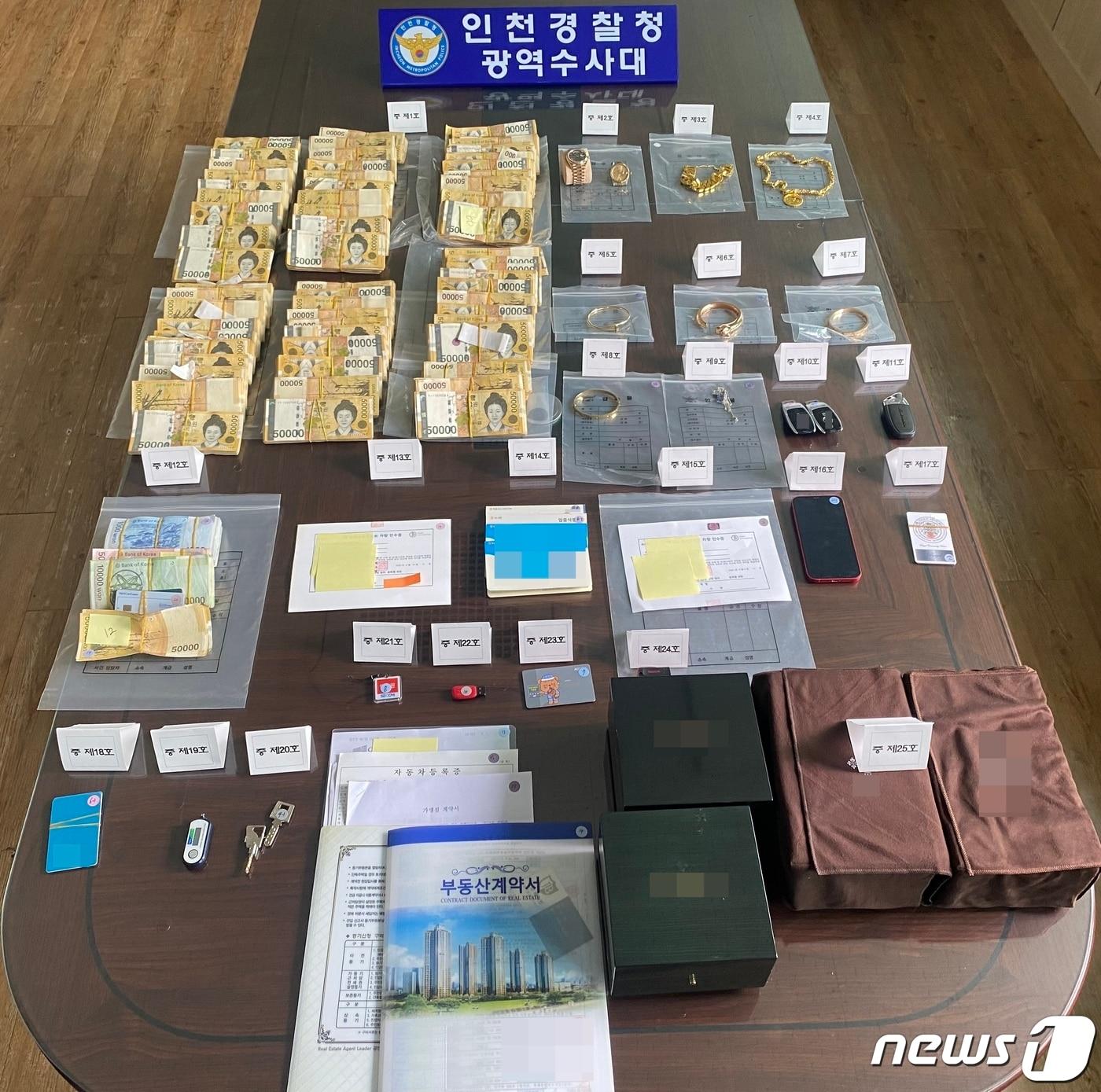 본문 이미지 - 인천경찰청 광역수사대는 사기 및 전자금융거래법위반, 범죄단체조직죄 등 혐의로 보이스피싱 조직 총책 A씨(26) 등 24명을 구속하고, 범행에 가담해 같은 혐의로 붙잡힌 조직원 10명을 불구속 입건했다. 이후 이들로부터 범죄 수익금 등을 압수했다.(인천경찰청 제공)2021.11.17/뉴스1 ⓒ News1 박아론 기자