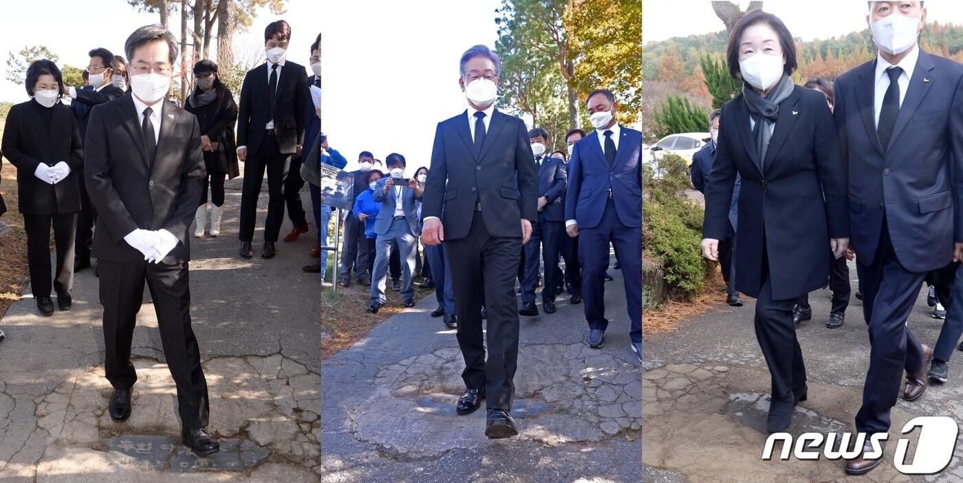 대권 주자인 김동연 전 경제부총리와 심상정 정의당 대선후보, 이재명 더불어민주당 대선후보가 광주 북구 망월동 민족민주열사묘역(구 망월묘역) 입구에 있는 '전두환 비석'을 밟고 있다.ⓒ 뉴스1