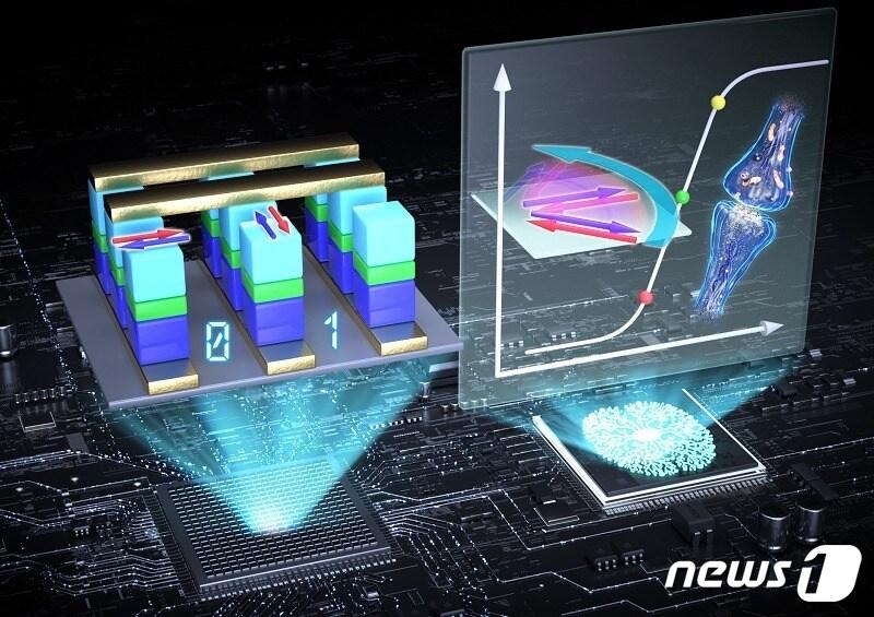본문 이미지 - 반강자성 기반 스핀 소자 응용(왼쪽) 및 멀티레벨을 활용한 뇌 모사 컴퓨팅 응용 모식도 (KAIST 제공) ⓒ 뉴스1