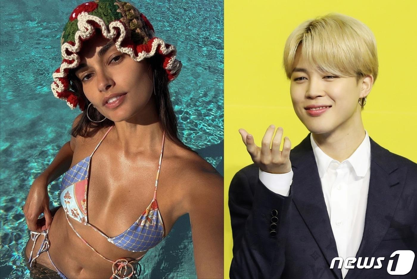 본문 이미지 - 브라질 출신 유명 모델 지젤리 올리베이라(왼쪽)가 방탄소년단 지민(오른쪽)에 대한 애정을 드러내 화제다. ⓒ 뉴스1