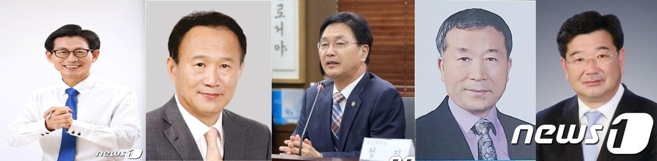 본문 이미지 - 2022 지방선거 고창군수 후보들. 왼쪽부터 유기상 고창군수, 김만균 민주당 전북도당 환경보전특별위원장, 심덕섭 민주당 전북도당 노을대교건립 특별위원장, 박수열 민주당 정읍고창환경보호 특별위원장, 이호근 전 전북도의원. ⓒ 뉴스1