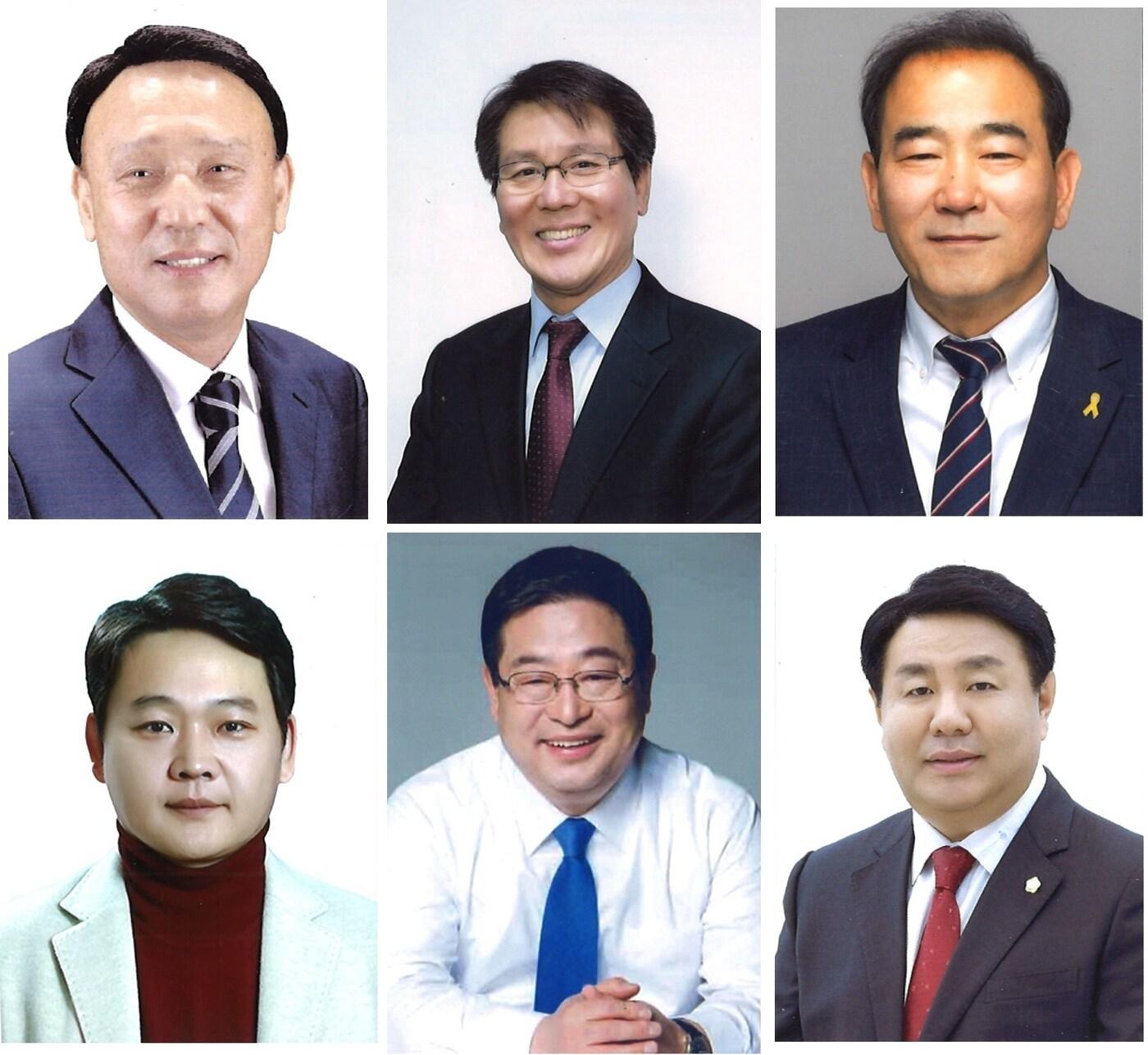 본문 이미지 - (사진 위쪽 왼쪽부터)더불어민주당 강임준 군산시장, 문택규 전북도당 부위원장, 박재만 전 전북도의회 더불어민주당 원내대표, (사진 아래쪽 왼쪽부터)국민의힘 이근열 군산시당원협의회 운영위원장, 무소속 서동석 전 호원대 행정학과 교수, 진희완 전 군산시의회 의장(가나다순).ⓒ 뉴스1