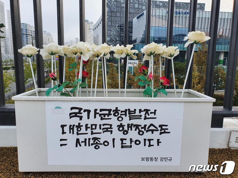 본문 이미지 - 국회 세종의사당 건립이 확정된 뒤 보람동 주민들이 시청 앞에 설치한 환영 모형물.ⓒ 뉴스1 세종시