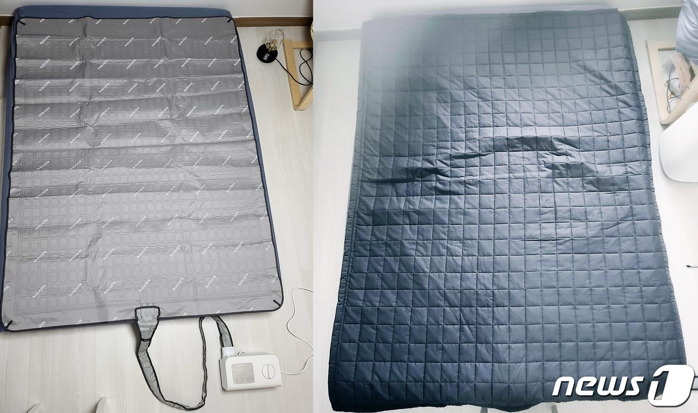 본문 이미지 - 경동나비엔 온수매트 THE CARE EQM541. 왼쪽은 커버 씌우기 전, 오른쪽은 커버 씌운 모습 ⓒ 뉴스1 조현기 기자