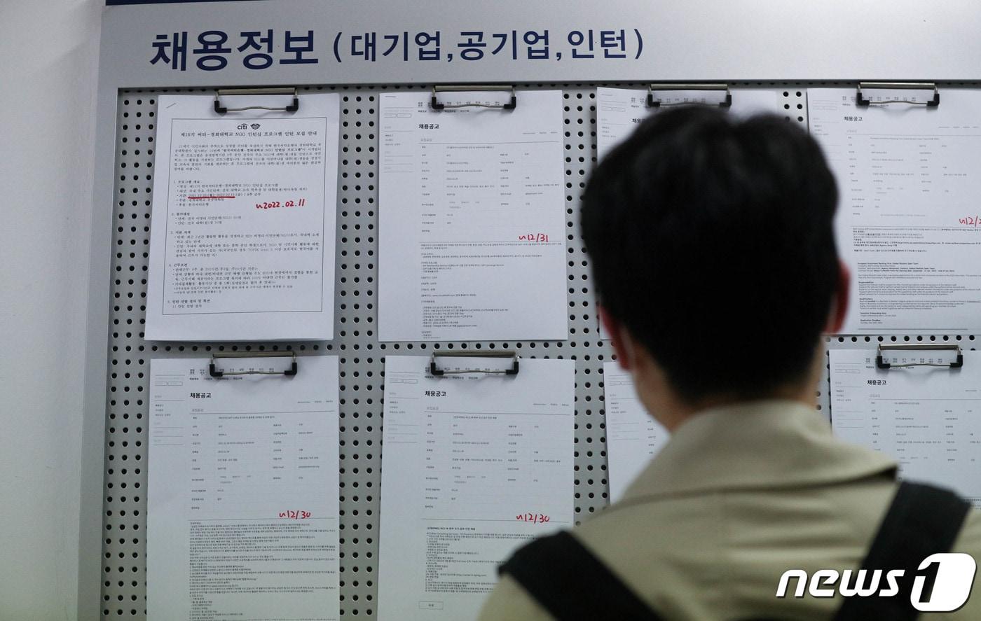 본문 이미지 - 사진은 서울의 한 대학교 취업게시판에서 채용정보를 살펴보는 대학생 모습. 2021.12.29 ⓒ 뉴스1 성동훈 기자