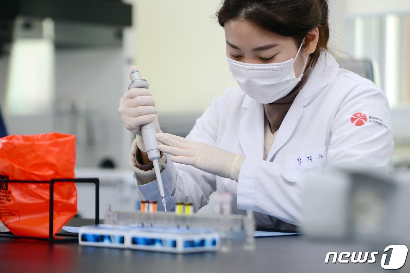 본문 이미지 - 29일 오후 광주시보건환경연구원에서 한 연구원이 신종 코로나바이러스 감염증(코로나19) 변이 바이러스 신속 확인용 시약을 분주하고 있다. 해당 시약은 30일부터 사용되며 오미크론 변이 바이러스를 포함해 코로나19 변이 바이러스 감염 여부를 밝혀낼 수 있다. 2021.12.29/뉴스1 ⓒ News1 정다움 기자
