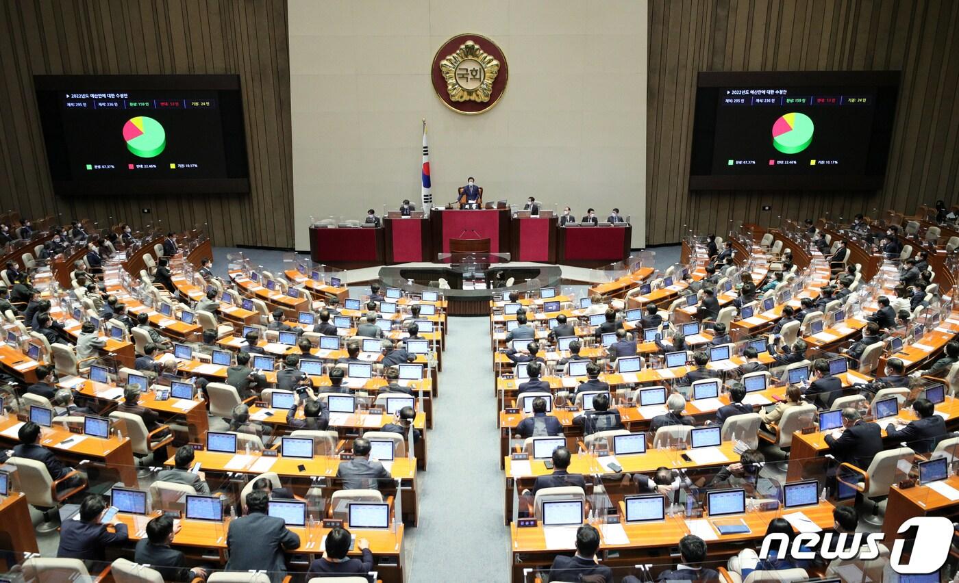본문 이미지 - 3일 오전 서울 여의도 국회에서 열린 제391회국회(정기회) 13차 본회의에서 '607조 7000억원' 규모의 2022년도 예산안이 가결 처리되고 있다.2021.12.3/뉴스1 ⓒ News1 오대일 기자