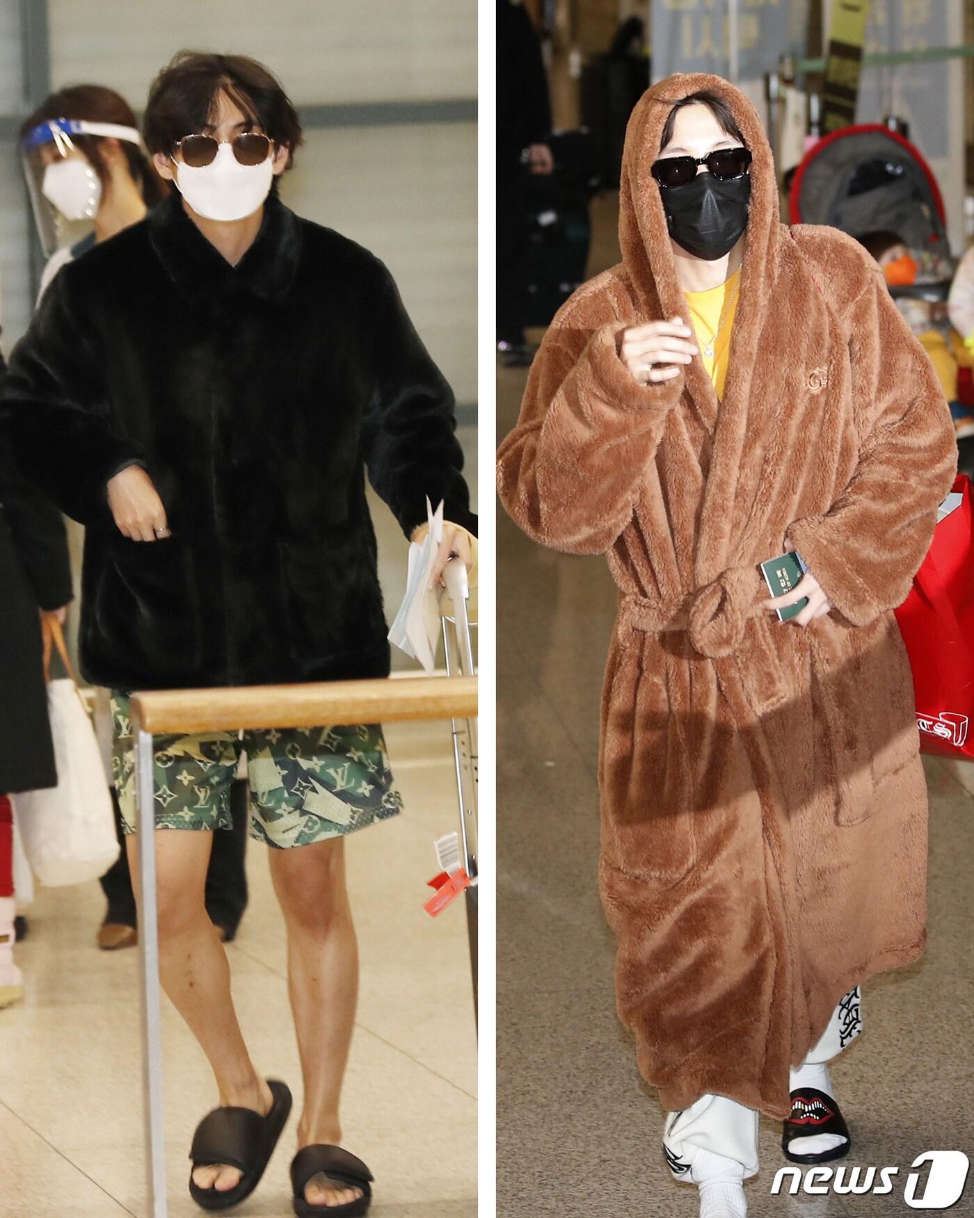 본문 이미지 - '계절 파괴'룩을 선보인 뷔와 '귀여운 가운' 패션을 선보인 제이홉(오른쪽). ⓒ News1 권현진 기자