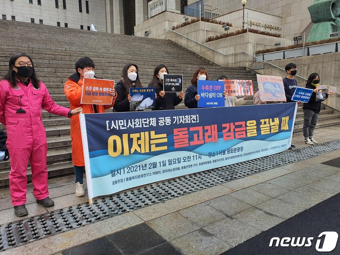 본문 이미지 - 어웨어, 핫핑크돌핀스 등이 1일 광화문인근에서 '이제는 돌고래 감금을 끝낼 때'라며 기자회견을 하고 있다. ⓒ 뉴스1 최서윤 기자