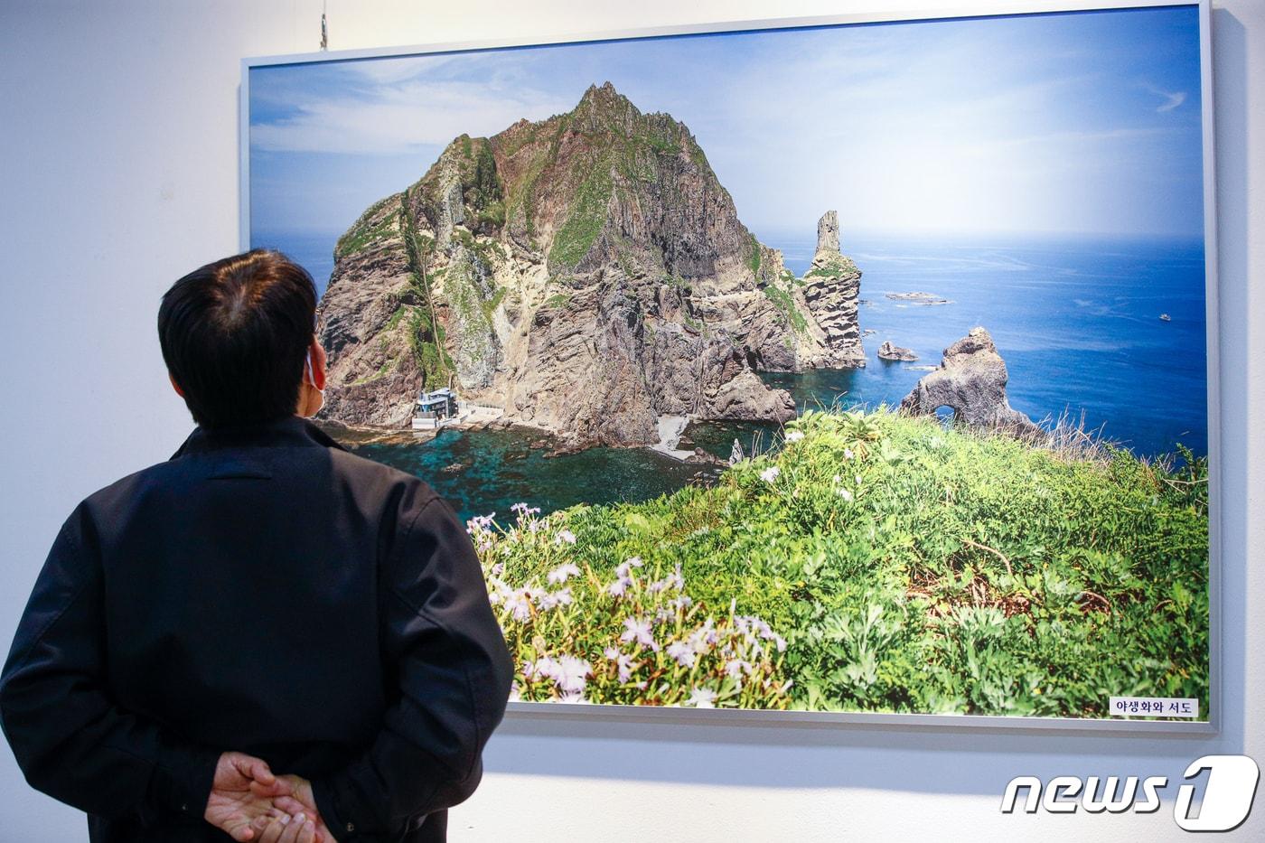 본문 이미지 - 22일 서울 중구 을지로4가역 아뜨리애 갤러리에서 시민들이 독도재단·독도청년연합회 주최 독도 전시회를 보고 있다. 2021.2.22/뉴스1 ⓒ News1 안은나 기자