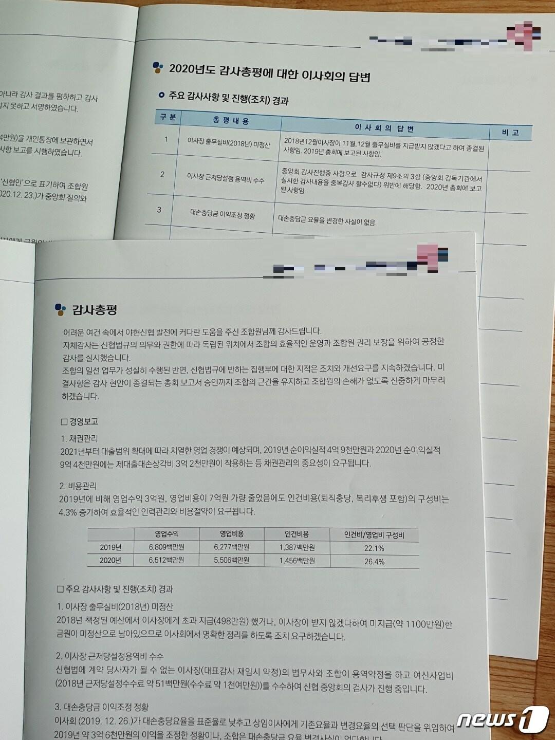 본문 이미지 - 10일 충북 충주의 한 신협에서 감사보고서에 이사회가 의견을 달아 조합원에게 배포하는 일이 발생해 공정성 논란이 일고 있다. 사진은 이사회 의견이 달린 감사보고서.&#40;독자 제공&#41;20201.3.10/ⓒ 뉴스1