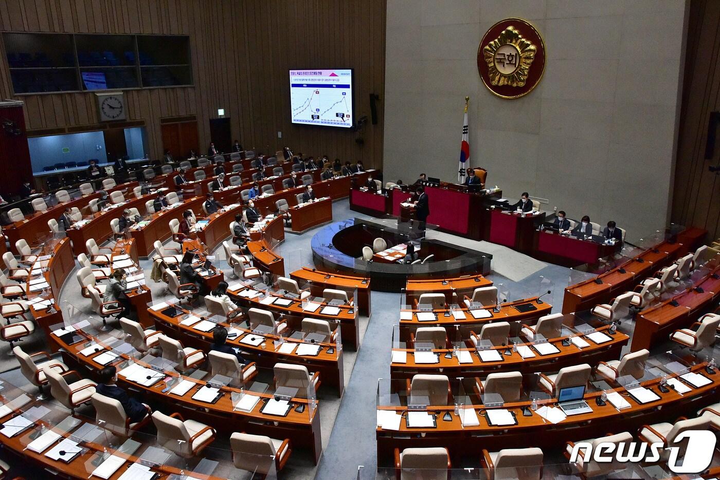 19일 국회 예산결산특별위원회에서 2021년도 제1회 추가경정예산안 등의 논의를 위한 전체회의가 열리고 있다. 2021.3.19/뉴스1 ⓒ News1 박세연 기자