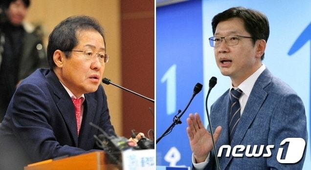 본문 이미지 - 경남도의 채무 상태를 두고 여야간 전·현직 도지사에 대한 평가가 엇갈리면서 공방전이 일고 있다. 사진은 홍준표 전 경남도지사(왼쪽), 김경수 현 도지사. ⓒ 뉴스1 DB.