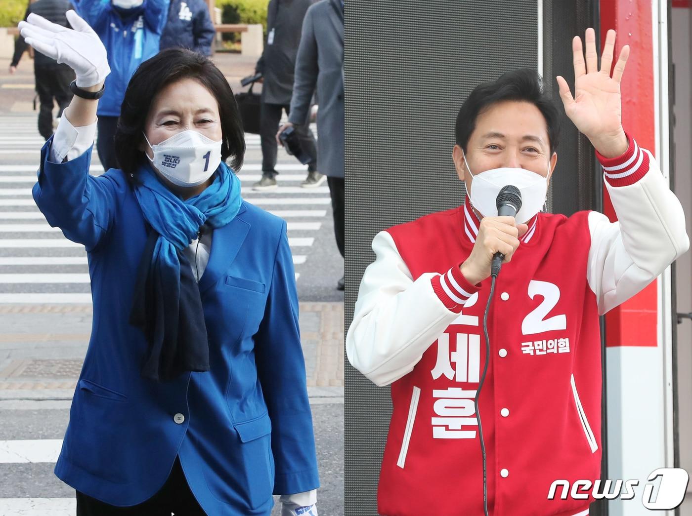 본문 이미지 - 4ㆍ7 재보궐 선거운동 첫날인 25일 오전 박영선 더불어민주당 박영선 서울시장 후보(왼쪽)가 구로구 신도림역에서, 오세훈 국민의힘 서울시장 후보가 은평구 응암역에서 각각 선거유세를 펼치고 있다. 2021.3.25/뉴스1 ⓒ News1 국회사진취재단