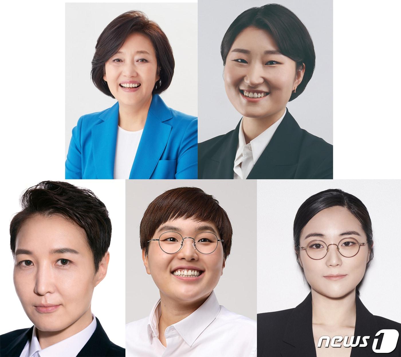 본문 이미지 - 4·7 서울시장 보궐선거에 출마한 여성후보들. 윗줄 왼쪽부터 박영선 더불어민주당 후보, 신지혜 기본소득당 후보. 아랫줄 왼쪽부터 김진아 여성의당 후보, 송명숙 진보당 후보, 신지예 무소속 후보. (중앙선거관리위원회 제공) ⓒ 뉴스1