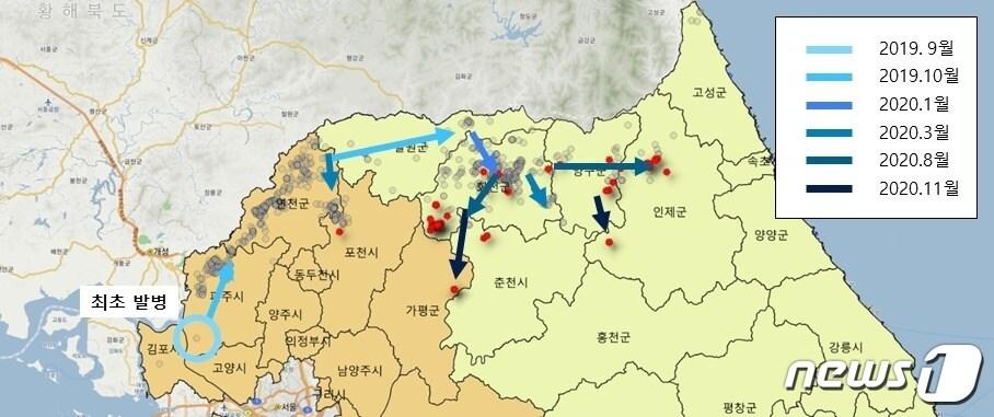본문 이미지 - 경기도가 아프리카돼지열병(ASF)으로 인한 양돈 농가 피해를 막기 위해 야생멧돼지 서식분포 등 관련 데이터를 분석(사진 ASF 확산방향)해 발병 위험도를 도출했다.(경기도 제공)ⓒ 뉴스1