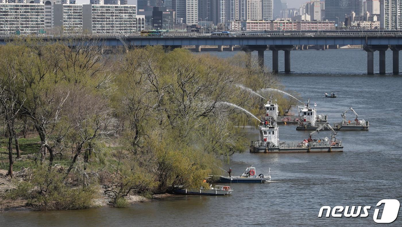 본문 이미지 -  서울 영등포구 밤섬에서 서울시 한강사업본부 관계자들이 버드나무에 물을 뿌리며 봄맞이 청소를 하고 있다. 이 사진은 기사 내용과 무관함./뉴스1 ⓒ News1 신웅수 기자