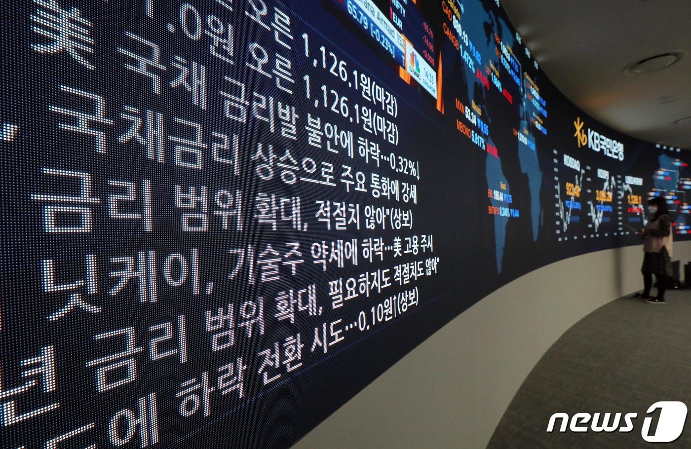 본문 이미지 - 5일 오후 서울 영등포구 KB국민은행 여의도지점 딜링룸 전광판에 미국 국채 금리발 불안에 한국을 비롯한 아시아 증시가 하락 마감했다는 뉴스가 나오고 있다. 2021.3.5/뉴스1 ⓒ News1 박세연 기자