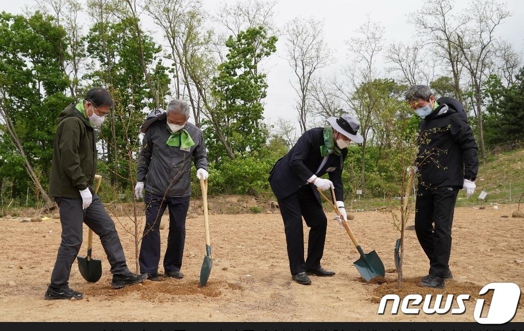 본문 이미지 - 이인영 통일부장관(맨 오른쪽), 최병암 산림청장(맨 왼쪽) 등 참가자들이 나무를 심고 있다. (산림청 제공) ⓒ 뉴스1