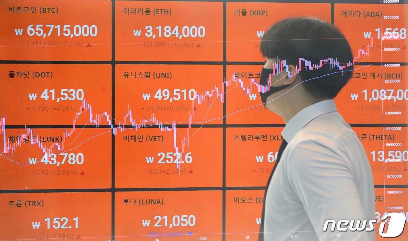 28일 서울 강남구 암호화폐(가상화폐) 거래소 빗썸 강남고객센터에 비트코인을 비롯한 암호화폐 시황이 표시되고 있다. 급락했던 비트코인은 이날 6500만원선을 유지하며 상승세를 이어가고 있다. (다중노출 촬영) 2021.4.28/뉴스1 ⓒ News1 임세영 기자