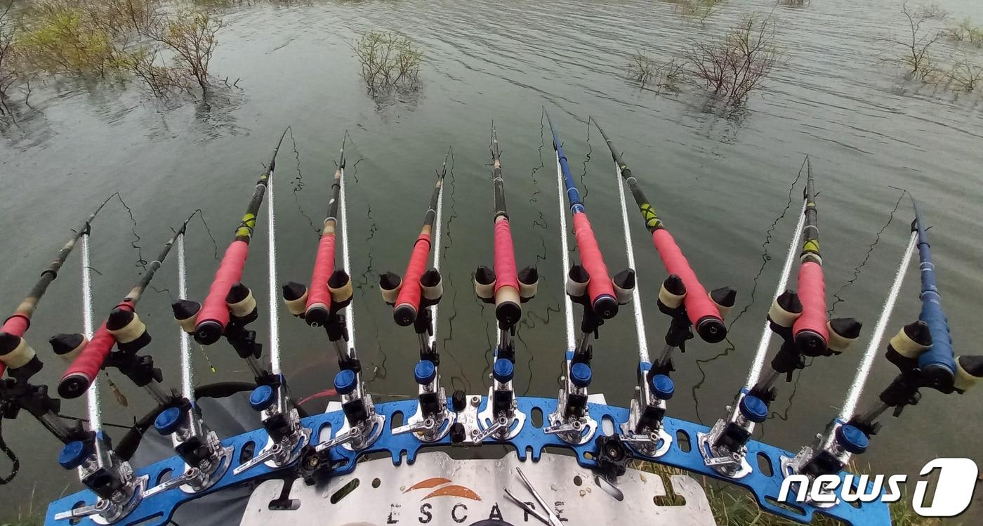 4일 오전 나주 만봉저수지에 드리운 낚싯대. 2021.4.4/뉴스1 ⓒ News1 박영래 기자