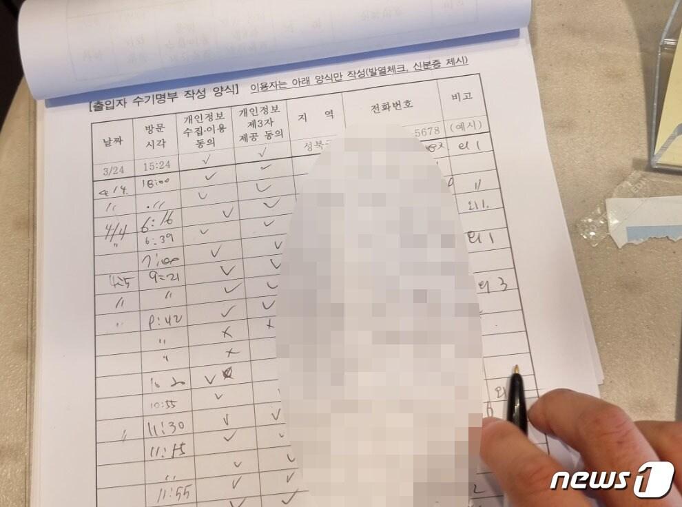 본문 이미지 - 5일 오후 서울 성북구 소재 한 프랜차이즈 카페에 비치된 수기출입명부. ⓒ 뉴스1 이상학 기자