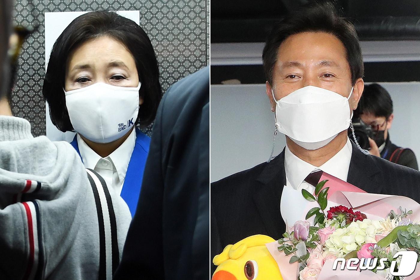 본문 이미지 - 박영선 더불어민주당 서울시장 후보(왼쪽)와 오세훈 국민의힘 서울시장 후보가 7일 밤과 8일 새벽 각각 서울 종로구 선거사무소와 여의도 중앙당사에서 방송3사 출구조사 결과 발표에 이어 개표가 진행됨에 따라 상반된 표정을 짓고 있다. 2021.4.8/뉴스1 ⓒ News1 박세연 기자,안은나 기자