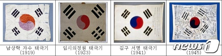 본문 이미지 - 남상락 자수·임시의정원·김구 서명·광복군 서명이 담긴 4종의 태극기. (보훈처 제공) ⓒ 뉴스1