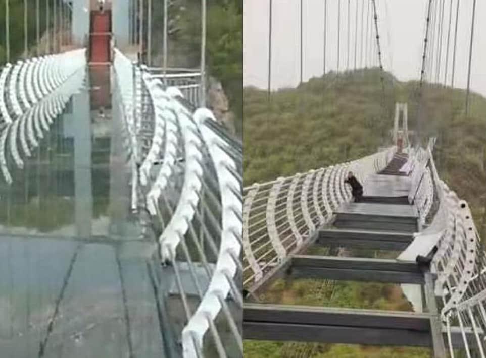 본문 이미지 - 강풍에 부서지기 전(왼쪽)의 유리 다리와 부서진 후(오른쪽)의 모습. 부서진 다리에는 한 남성이 다리 구조물에 간신히 매달려있다. (데일리메일 갈무리) ⓒ 뉴스1