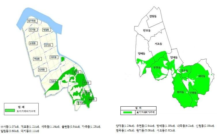 본문 이미지 - 서울 강남구(왼쪽)와 서초구 토지거래허가구역 재지정 구역. ⓒ 뉴스1