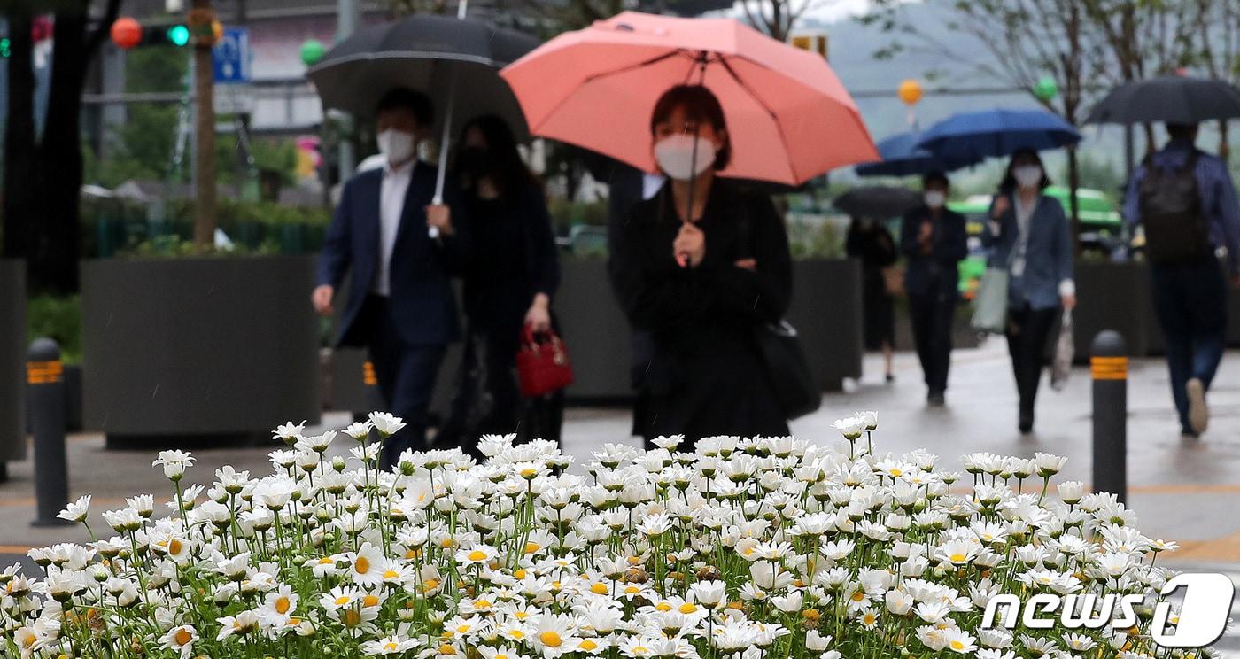본문 이미지 - 산발적인 이슬비가 내리는 서울 광화문네거리에서 우산 쓴 시민들이 출근길 발걸음을 재촉하고 있다. 뉴스1 ⓒ News1 박지혜 기자