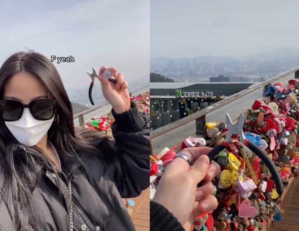 본문 이미지 - 2년 전 달았던 '사랑의 자물쇠'를 제거하기 위해 남산타워를 다시 방문한 틱톡커. (틱톡 갈무리) ⓒ 뉴스1