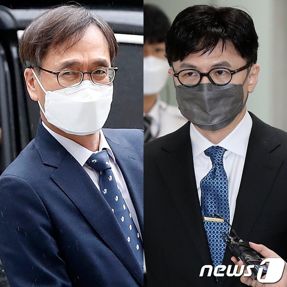 본문 이미지 - 정진웅 서울고검 검사와 한동훈 전 국민의힘 대표(왼쪽부터) 2021.5.21/뉴스1 ⓒ News1 민경석 기자
