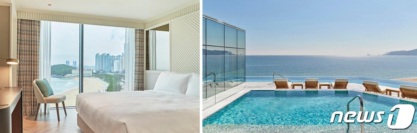 본문 이미지 - 그랜드 조선 부산이 '딥 인 러브' 로맨틱 허니문 패키지를 선보인다. 왼쪽부터 이그제큐티브 스위트 객실, 헤븐리 풀 (그랜드 조선 부산 제공) ⓒ 뉴스1