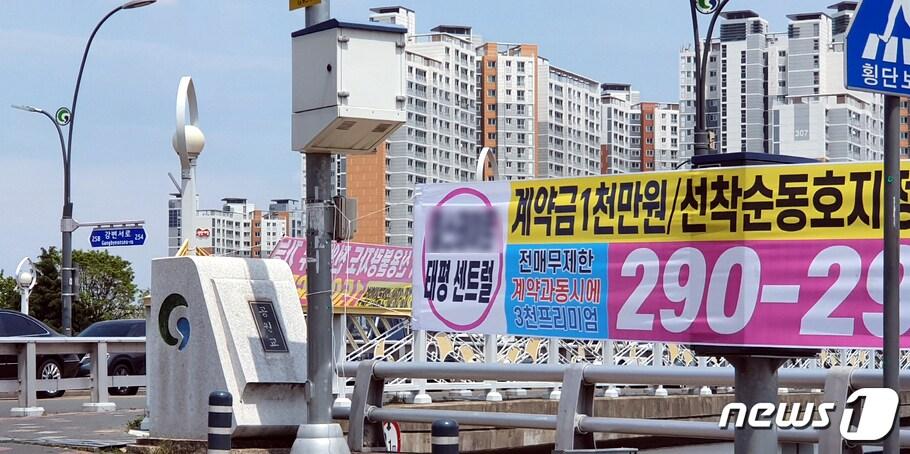 본문 이미지 - 경산시가 주말만 되면 곳곳에 내걸리는 분양광고 불법 현수막에 골머리를 앓고 있다. 중방동 공원교 앞에 내걸린 불법 현수막 (독자 제공) 2021.5.26/ⓒ 뉴스1
