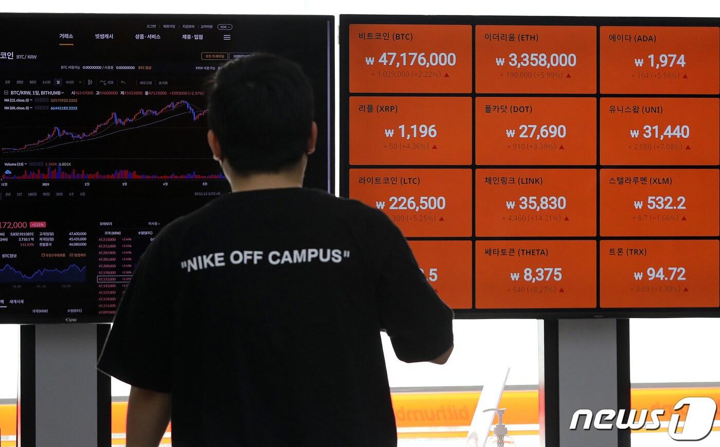 26일 오전 서울 강남구 빗썸 강남센터 라운지에 비트코인을 비롯한 암호화폐(가상화폐) 시세가 나타내고 있다. 2021.5.26/뉴스1 ⓒ News1 박세연 기자