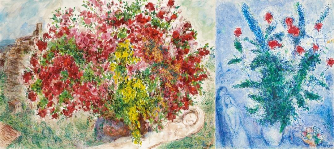본문 이미지 - 경매작 '생 폴 드 방스의 정원'(왼쪽) 기증작 '붉은 꽃다발과 연인들'ⓒ 뉴스1