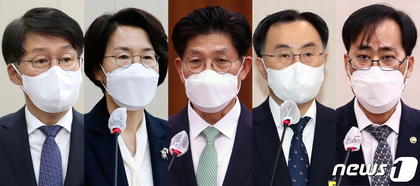 본문 이미지 - 안경덕 고용노동부(왼쪽부터)·임혜숙 과학기술정보통신부·노형욱 국토교통부·문승욱 산업통상자원부·박준영 해양수산부 장관 후보자가 4일 서울 여의도 국회에서 열린 인사청문회에서 발언하고 있다. 2021.5.4/뉴스1 ⓒ News1 구윤성 기자,이동해 기자
