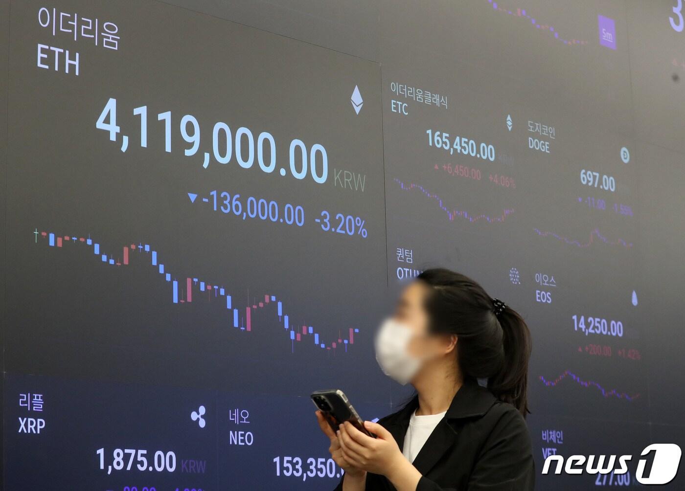 본문 이미지 - 7일 오후 서울 강남구 암호화폐 거래소 업비트 라운지에 설치된 전광판에 이더리움을 비롯한 알트코인 시황을 나타내고 있다. 이더리움과 이더리움클래식 등 알트코인 투자 열기가 뜨겁게 달아오르자 국내 4대 가상자산 거래소의 하루 거래량이 45조원을 기록한 것으로 집계됐다. 이는 코스피 하루 거래량의 3배에 육박하는 규모다. 2021.5.7/뉴스1 ⓒ News1 박세연 기자
