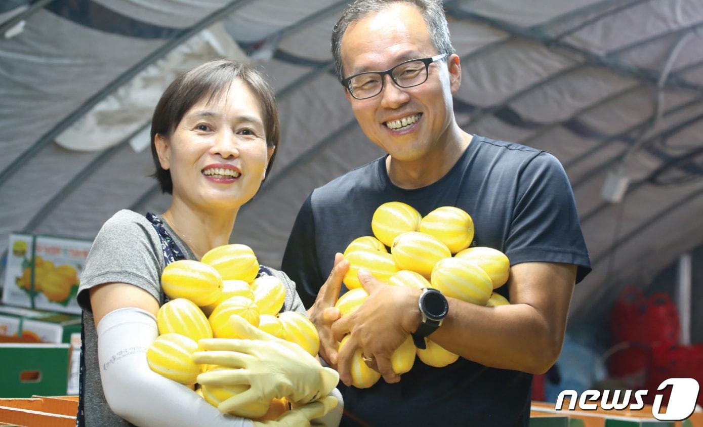 본문 이미지 - 8년 전 귀농한 김경목씨(54)가 경북 성주군 벽진면 수촌리 'TOP 3 농장'에서 부인 박귀옥씨(51)와 수확한 참외를 들고 활짝 웃고 있다. 2021.6.26 ⓒ 뉴스1