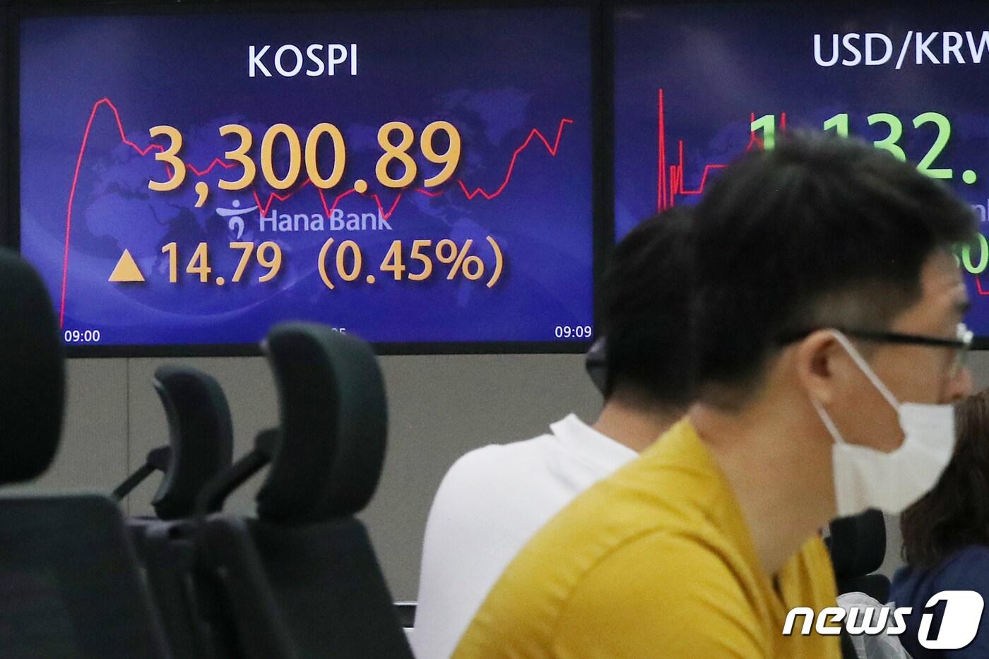 본문 이미지 - 25일 오전 서울 중구 하나은행 딜링룸 전광판에 코스피 지수가 3300선을 넘어 장중 최고치를 기록하고 있다. 이날 코스피는 조 바이든 미국 대통령의 1조2000억달러 인프라 투자 합의에 따른 미국 증시 사상 최고치 경신에 힘입어 사상 첫 3300선을 넘었다. 2021.6.25/뉴스1 ⓒ News1 민경석 기자