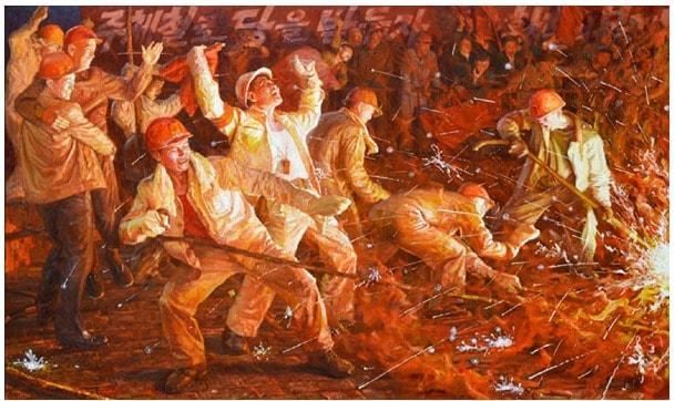 본문 이미지 - 북한 '주체철이 쏟아진다' 유화 그림. (출처=우리민족끼리 갈무리) ⓒ 뉴스1