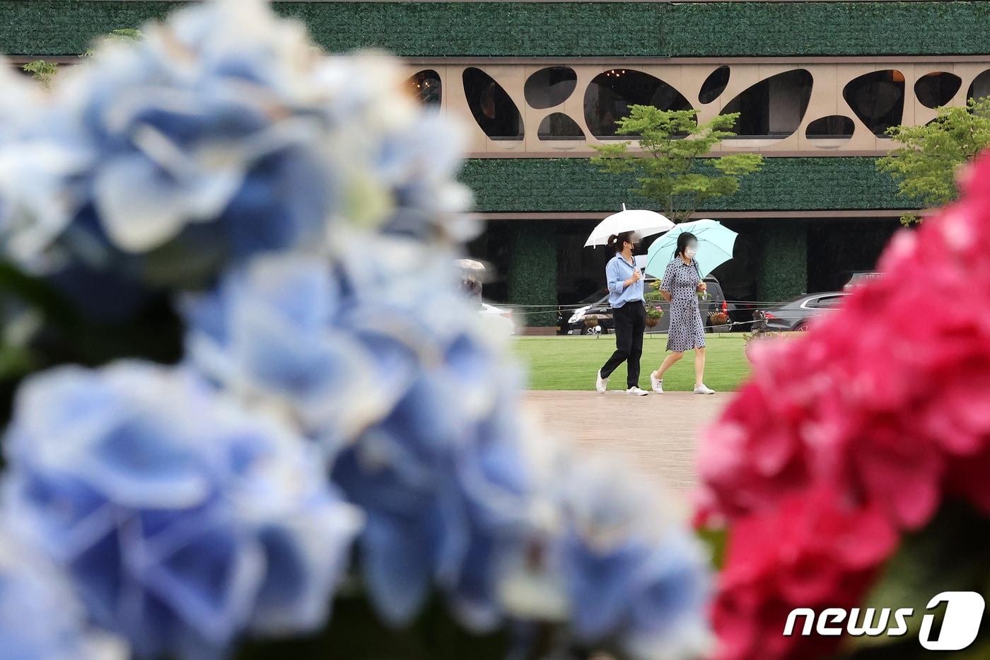 본문 이미지 - 수도권 지역에 비가 내린 3일 오후 서울시청 인근에서 시민들이 우산을 쓴 채 걷고 있다. 2021.6.3/뉴스1 ⓒ News1 조태형 기자