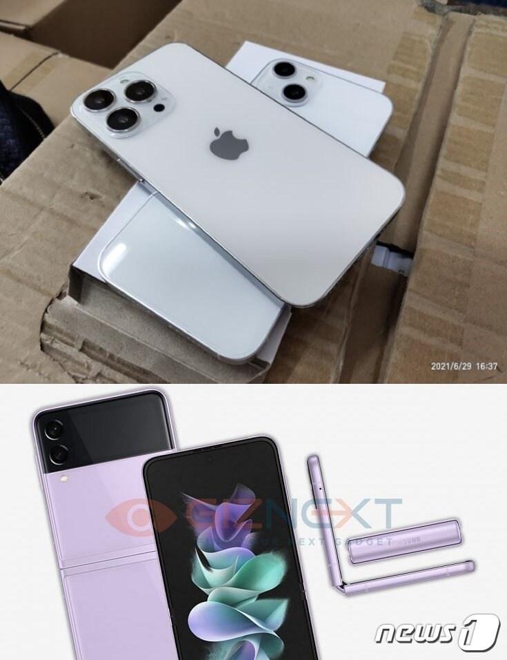 본문 이미지 - 2021년 4분기에 맞붙을 애플 '아이폰13'의 목업(Mock-up·모형)과 삼성전자 '갤럭시Z플립3'의 렌더링 이미지가 같은 날 유출돼 이목이 집중되고 있다. (왕벤홍 웨이보·기즈넥스트 갈무리) ⓒ 뉴스1